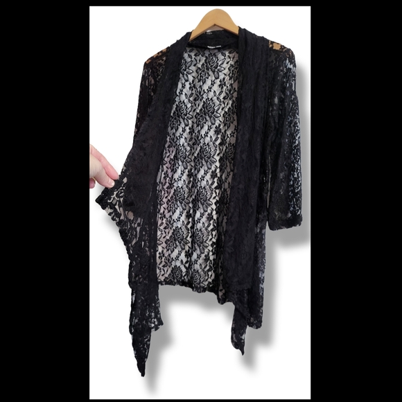 🌿Double Take Black Sheer Lace Cardigan Open Front 3/4 Sleeve Med/Lg Like New - Picture 7 of 12